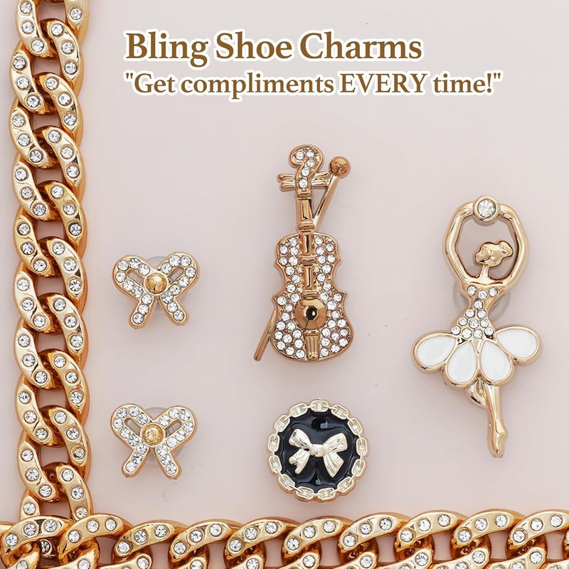 Lugailly Bling Shoe Charms for Girls and Women, Girly Gold Shoe Charms for Clog Sandals, 24 PCS Glitter Pearl Flower Shoes Decoration Bulk, Shoes Chains Pins Charm Accessories - Image 4
